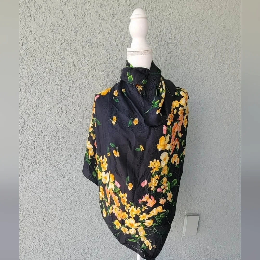 Vintage Anne Klein Black Scarf with Yellow and Pink Floral Design